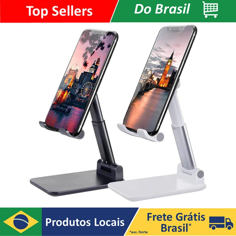 SUPORTE PARA CELULAR E TABLET. DOBRÁVEL PORTÁTIL E AJUSTÁVEL. POSSUI APOIO PARA MESA