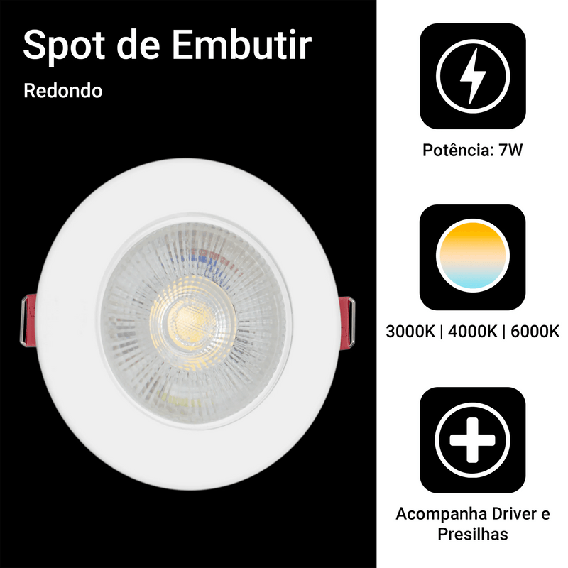 KIT COM 10 LUMINÁRIAS SPOT REDONDO DIRECIONÁVEL LUZ BRANCA FRIA QUENTE