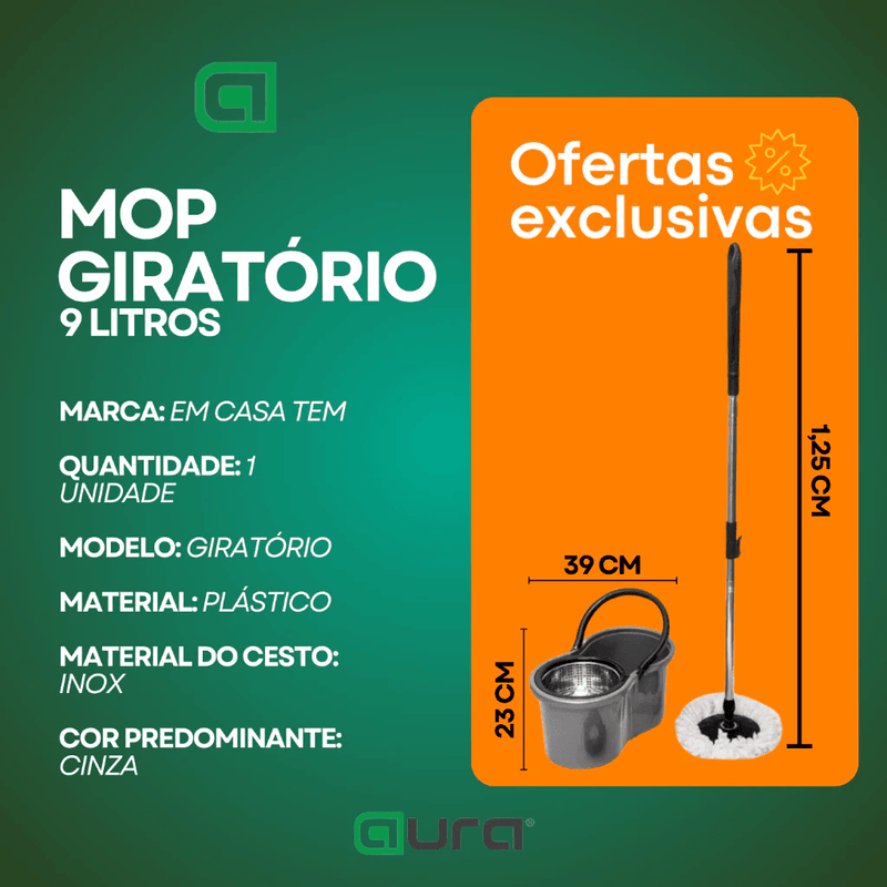 Mop Com Centrifuga Inox Com 2 Refil de Microfibra e Cabo em Inox 9 Litros Mopi