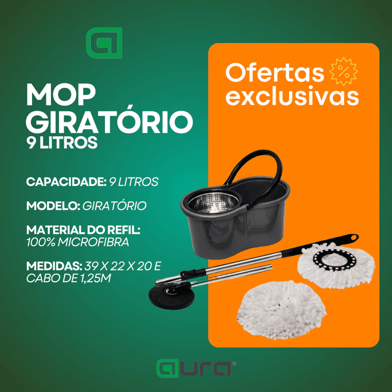 Mop Com Centrifuga Inox Com 2 Refil de Microfibra e Cabo em Inox 9 Litros Mopi