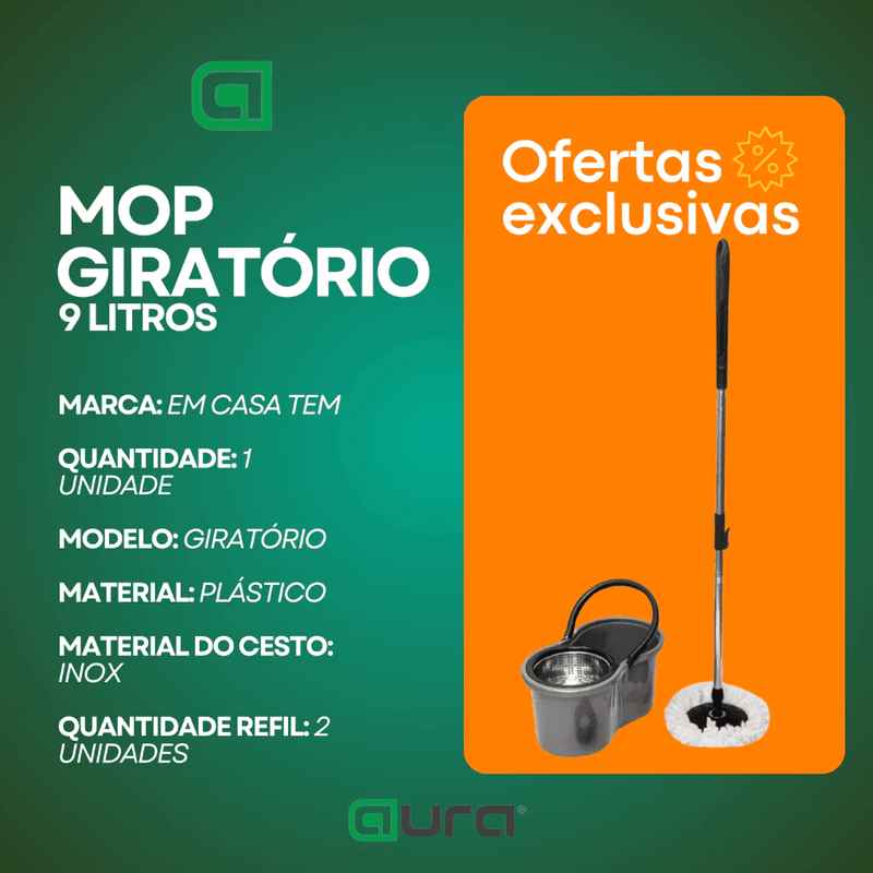 Mop Com Centrifuga Inox Com 2 Refil de Microfibra e Cabo em Inox 9 Litros Mopi