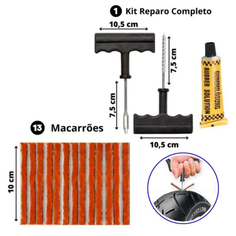 KIT REPARO PARA PNEU DE CARRO OU MOTO SEM CÂMERA + 10 REFIS DE MACARRÃO